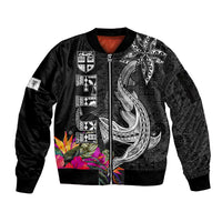 Polynesian Fiji Sleeve Zip Bomber Jacket Shark and Hibiscus Tapa Pattern Version LT03 Unisex White - Polynesian Pride