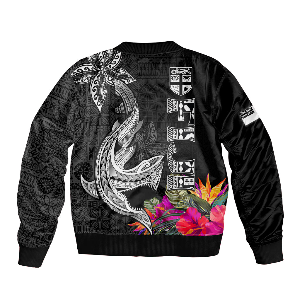 Polynesian Fiji Sleeve Zip Bomber Jacket Shark and Hibiscus Tapa Pattern Version LT03 - Polynesian Pride