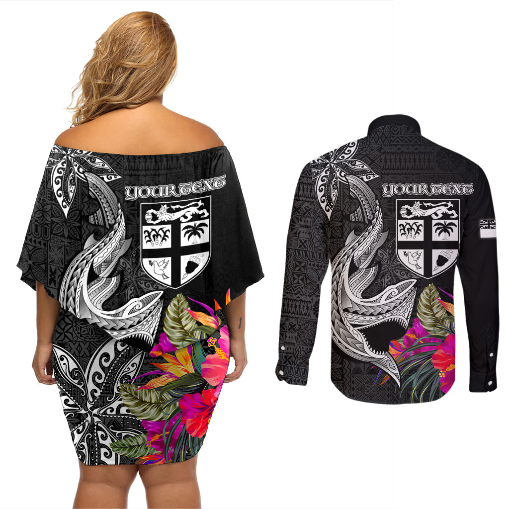 Custom Polynesian Fiji Couples Matching Off Shoulder Short Dress and Long Sleeve Button Shirts Shark and Hibiscus Tapa Pattern Version LT03 - Polynesian Pride
