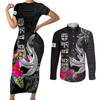 Custom Polynesian Fiji Couples Matching Short Sleeve Bodycon Dress and Long Sleeve Button Shirts Shark and Hibiscus Tapa Pattern Version LT03 White - Polynesian Pride