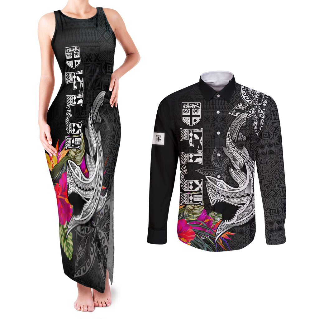 Custom Polynesian Fiji Couples Matching Tank Maxi Dress and Long Sleeve Button Shirts Shark and Hibiscus Tapa Pattern Version LT03 White - Polynesian Pride