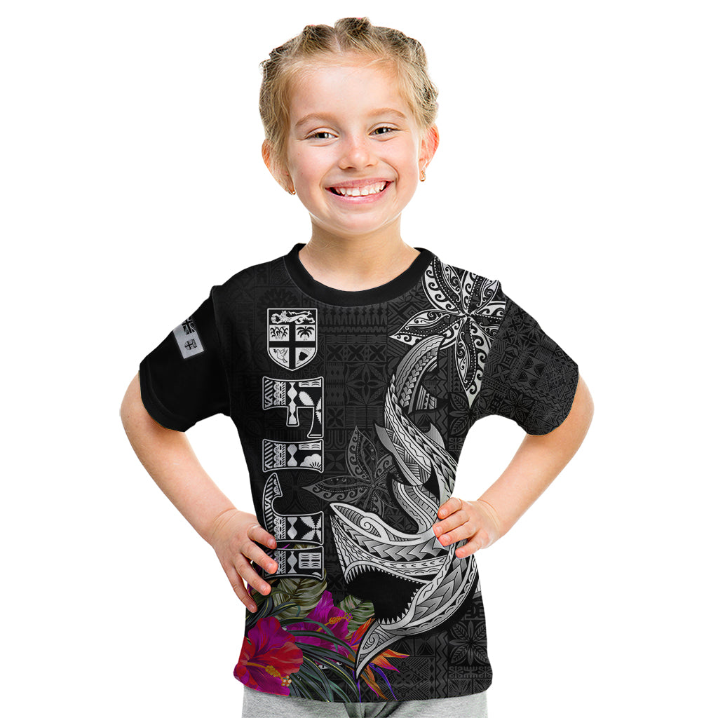 Custom Polynesian Fiji Kid T Shirt Shark and Hibiscus Tapa Pattern Version LT03 White - Polynesian Pride