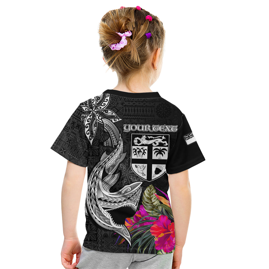 Custom Polynesian Fiji Kid T Shirt Shark and Hibiscus Tapa Pattern Version LT03 - Polynesian Pride