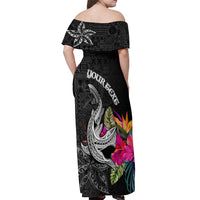 Custom Polynesian Fiji Off Shoulder Maxi Dress Shark and Hibiscus Tapa Pattern Version LT03 - Polynesian Pride
