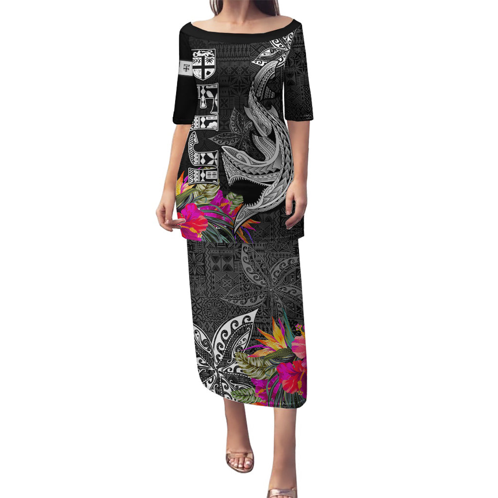 Custom Polynesian Fiji Puletasi Shark and Hibiscus Tapa Pattern Version LT03 Long Dress White - Polynesian Pride