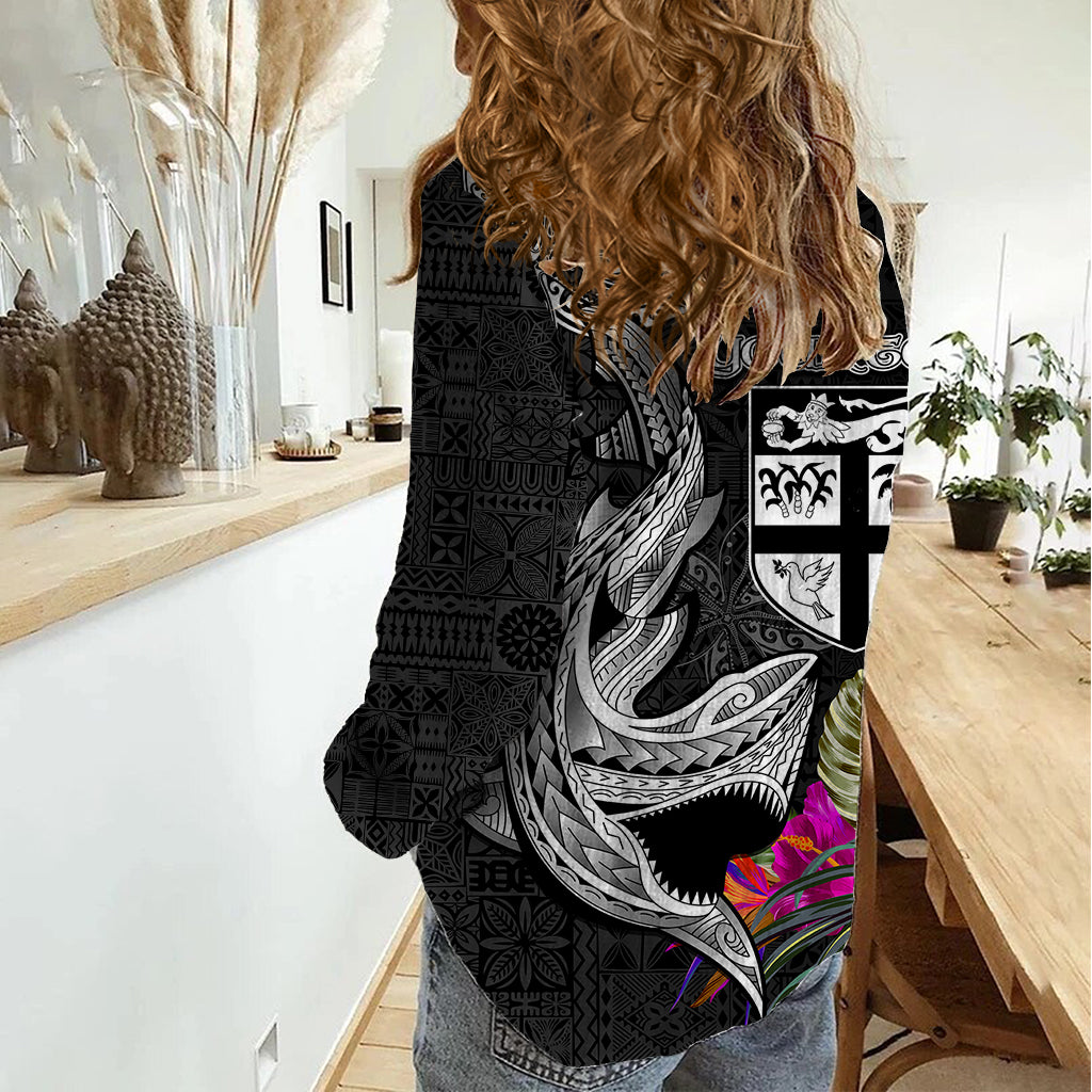 Custom Polynesian Fiji Women Casual Shirt Shark and Hibiscus Tapa Pattern Version LT03 - Polynesian Pride