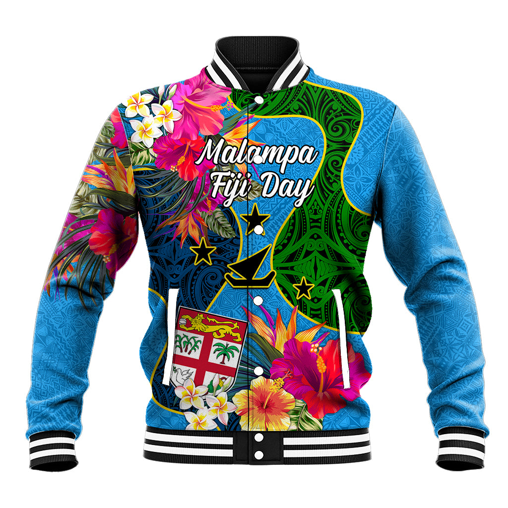 Malampa Fiji Day Baseball Jacket Tropical Plants Mix Polynesian and Tapa Pattern LT03 Unisex Blue - Polynesian Pride