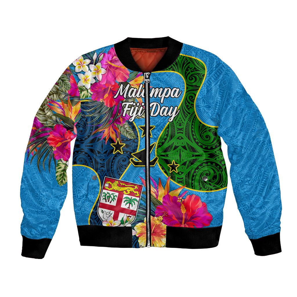 Malampa Fiji Day Bomber Jacket Tropical Plants Mix Polynesian and Tapa Pattern LT03 Unisex Blue - Polynesian Pride