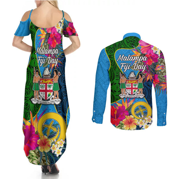 Malampa Fiji Day Couples Matching Off Shoulder Maxi Dress and Hawaiian Shirt Tropical Plants Mix Polynesian and Tapa Pattern LT03