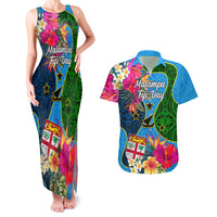 Malampa Fiji Day Couples Matching Tank Maxi Dress and Hawaiian Shirt Tropical Plants Mix Polynesian and Tapa Pattern LT03 Blue - Polynesian Pride