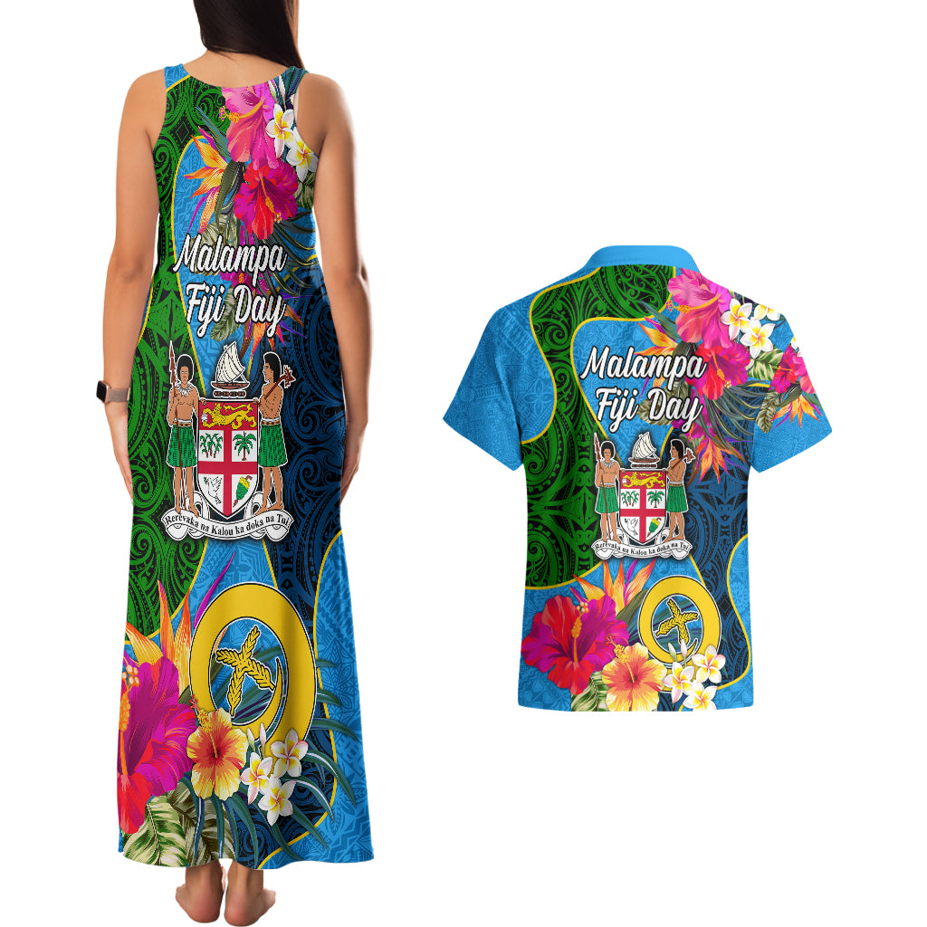 Malampa Fiji Day Couples Matching Tank Maxi Dress and Hawaiian Shirt Tropical Plants Mix Polynesian and Tapa Pattern LT03 - Polynesian Pride