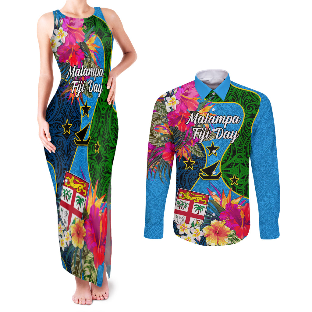Malampa Fiji Day Couples Matching Tank Maxi Dress and Long Sleeve Button Shirts Tropical Plants Mix Polynesian and Tapa Pattern LT03 Blue - Polynesian Pride