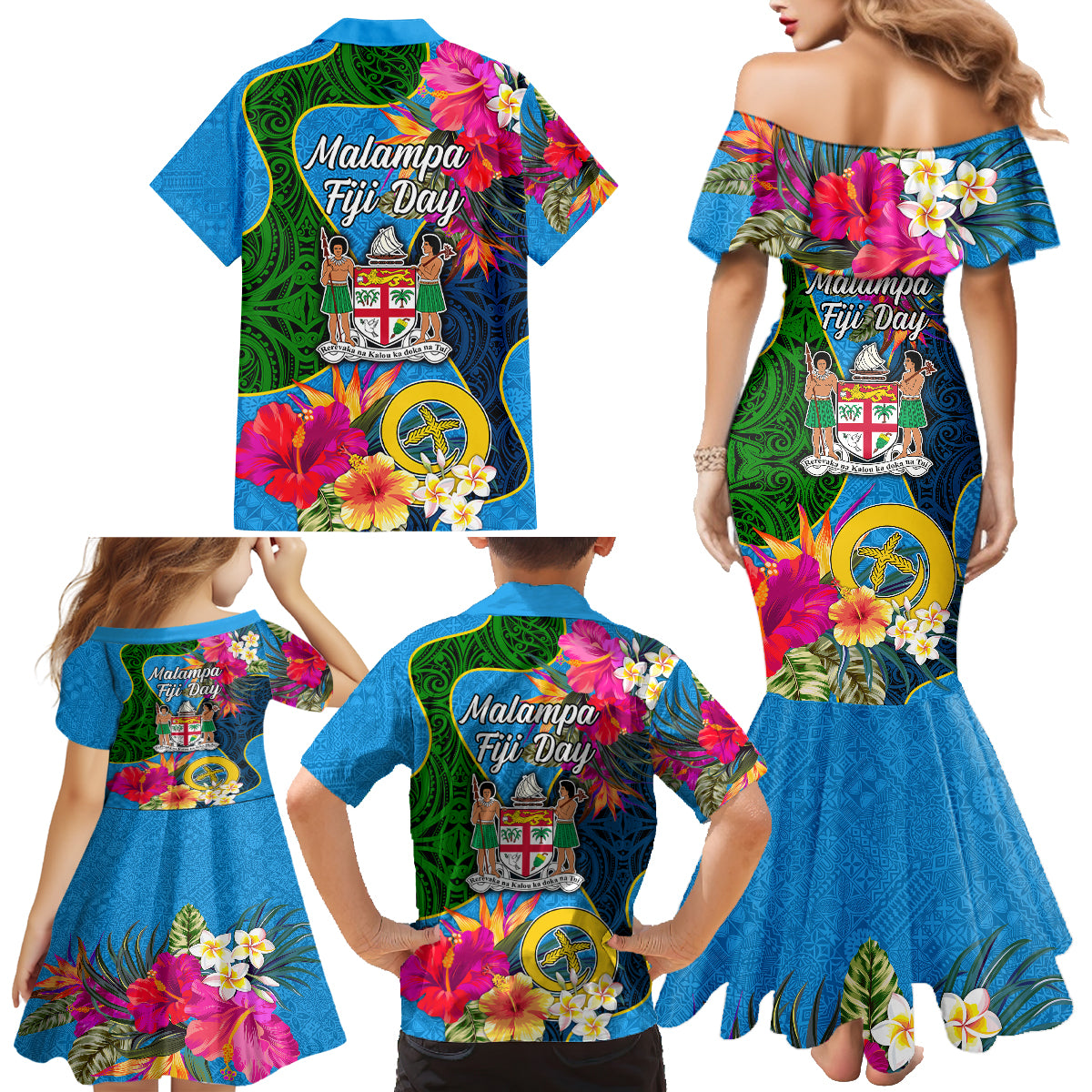 Malampa Fiji Day Family Matching Mermaid Dress and Hawaiian Shirt Tropical Plants Mix Polynesian and Tapa Pattern LT03 - Polynesian Pride