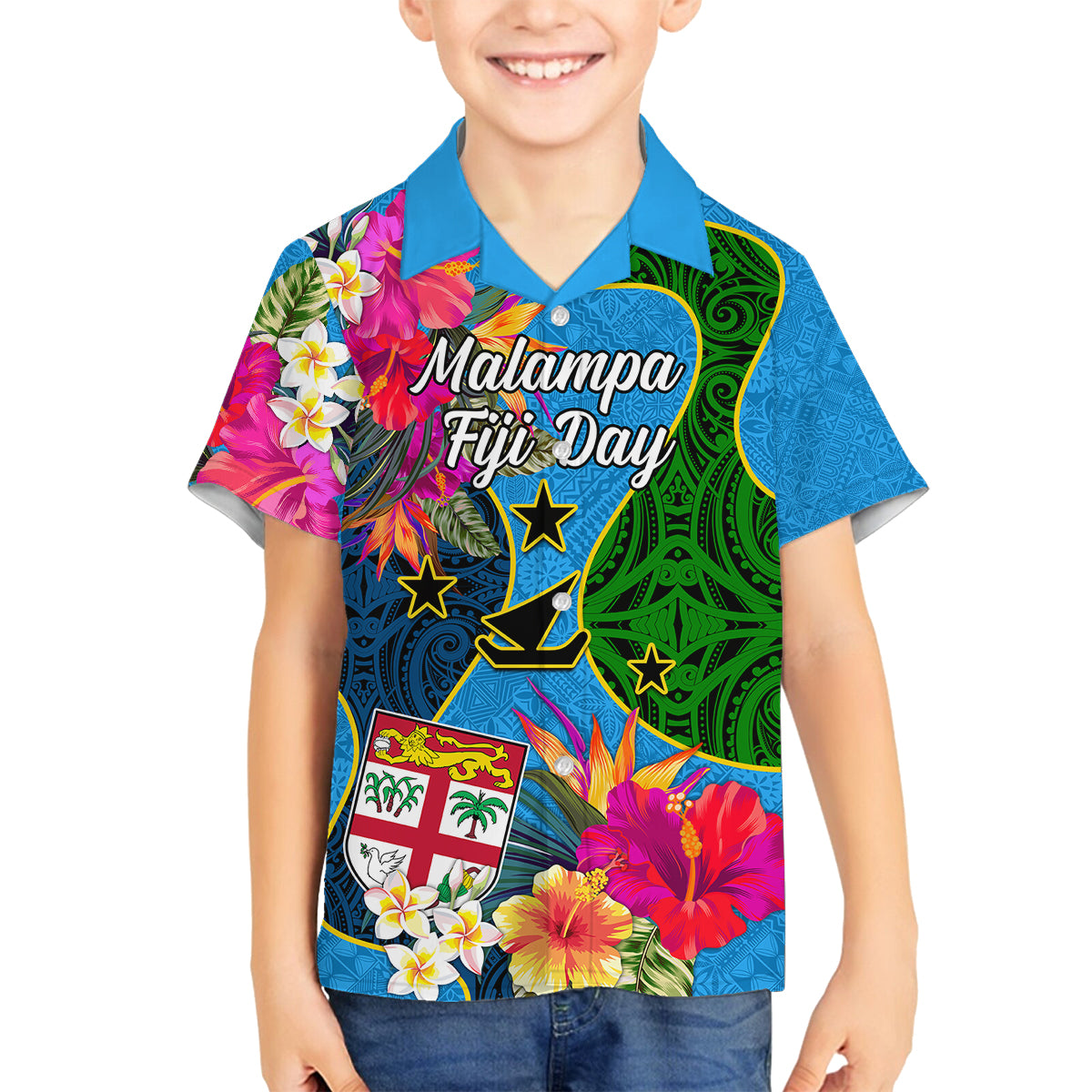 Malampa Fiji Day Family Matching Tank Maxi Dress and Hawaiian Shirt Tropical Plants Mix Polynesian and Tapa Pattern LT03 Son's Shirt Blue - Polynesian Pride
