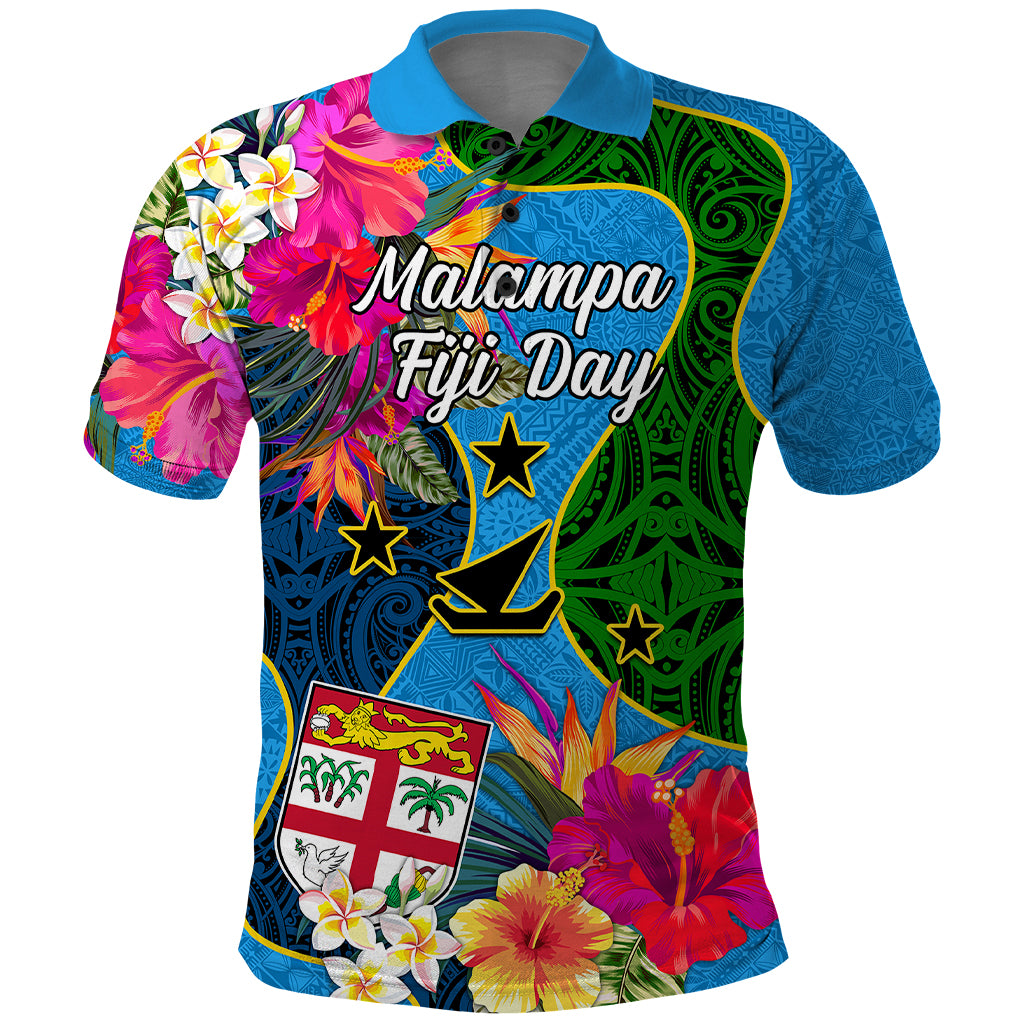 Malampa Fiji Day Polo Shirt Tropical Plants Mix Polynesian and Tapa Pattern LT03 Blue - Polynesian Pride