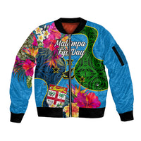 Malampa Fiji Day Sleeve Zip Bomber Jacket Tropical Plants Mix Polynesian and Tapa Pattern LT03 Unisex Blue - Polynesian Pride