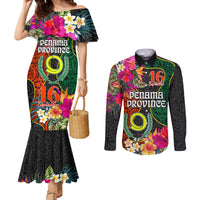 Penama Day Couples Matching Mermaid Dress and Long Sleeve Button Shirts 16th September Polynesian Pattern with Pacific Flower LT03 Black - Polynesian Pride