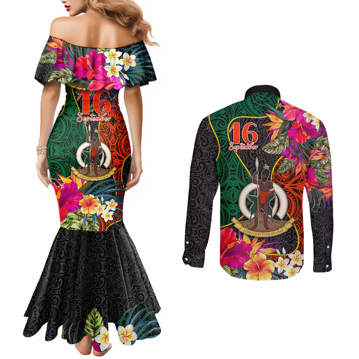 Penama Day Couples Matching Mermaid Dress and Long Sleeve Button Shirts 16th September Polynesian Pattern with Pacific Flower LT03 - Polynesian Pride