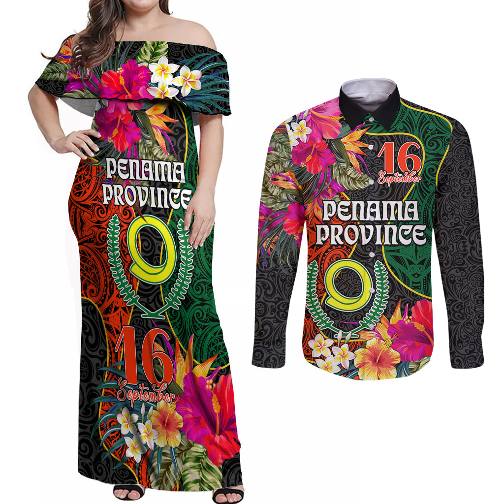 Penama Day Couples Matching Off Shoulder Maxi Dress and Long Sleeve Button Shirts 16th September Polynesian Pattern with Pacific Flower LT03 Black - Polynesian Pride