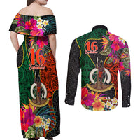 Penama Day Couples Matching Off Shoulder Maxi Dress and Long Sleeve Button Shirts 16th September Polynesian Pattern with Pacific Flower LT03 - Polynesian Pride