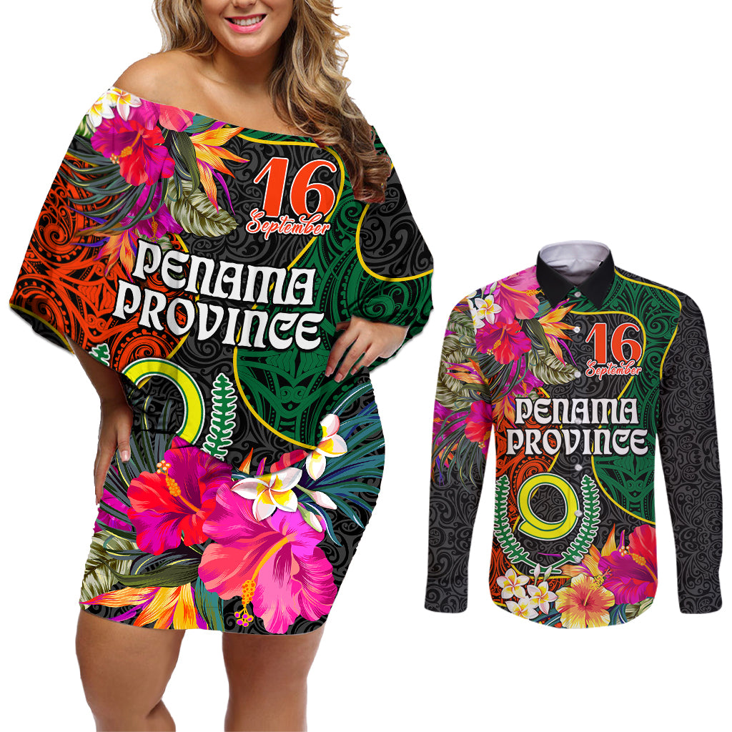 Penama Day Couples Matching Off Shoulder Short Dress and Long Sleeve Button Shirts 16th September Polynesian Pattern with Pacific Flower LT03 Black - Polynesian Pride