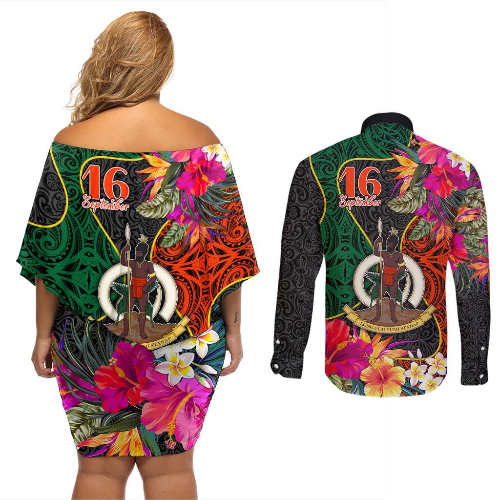 Penama Day Couples Matching Off Shoulder Short Dress and Long Sleeve Button Shirts 16th September Polynesian Pattern with Pacific Flower LT03 - Polynesian Pride