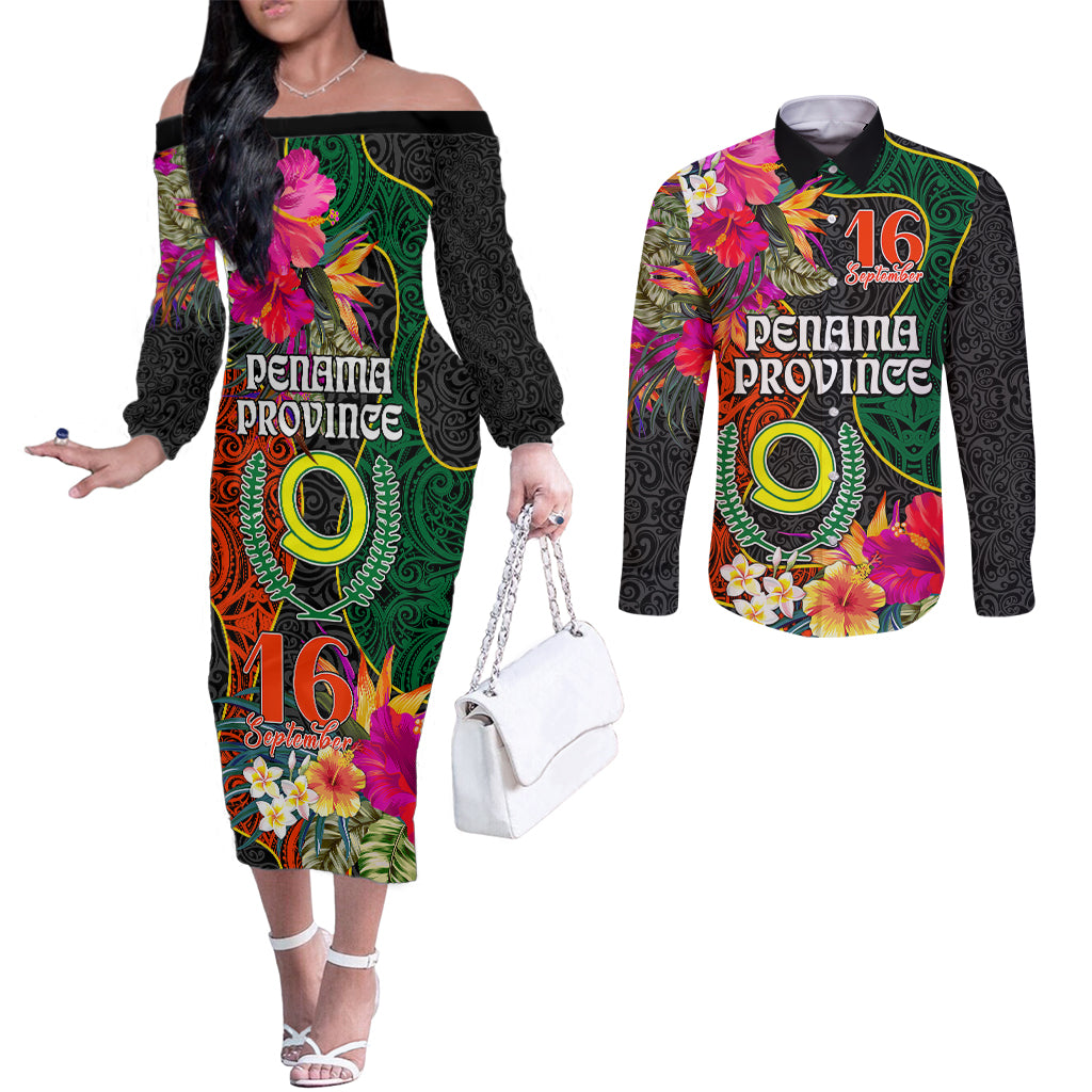 Penama Day Couples Matching Off The Shoulder Long Sleeve Dress and Long Sleeve Button Shirts 16th September Polynesian Pattern with Pacific Flower LT03 Black - Polynesian Pride