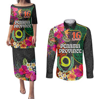 Penama Day Couples Matching Puletasi Dress and Long Sleeve Button Shirts 16th September Polynesian Pattern with Pacific Flower LT03 Black - Polynesian Pride