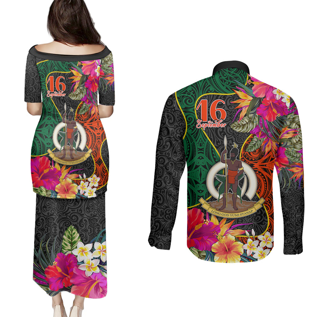 Penama Day Couples Matching Puletasi Dress and Long Sleeve Button Shirts 16th September Polynesian Pattern with Pacific Flower LT03 - Polynesian Pride