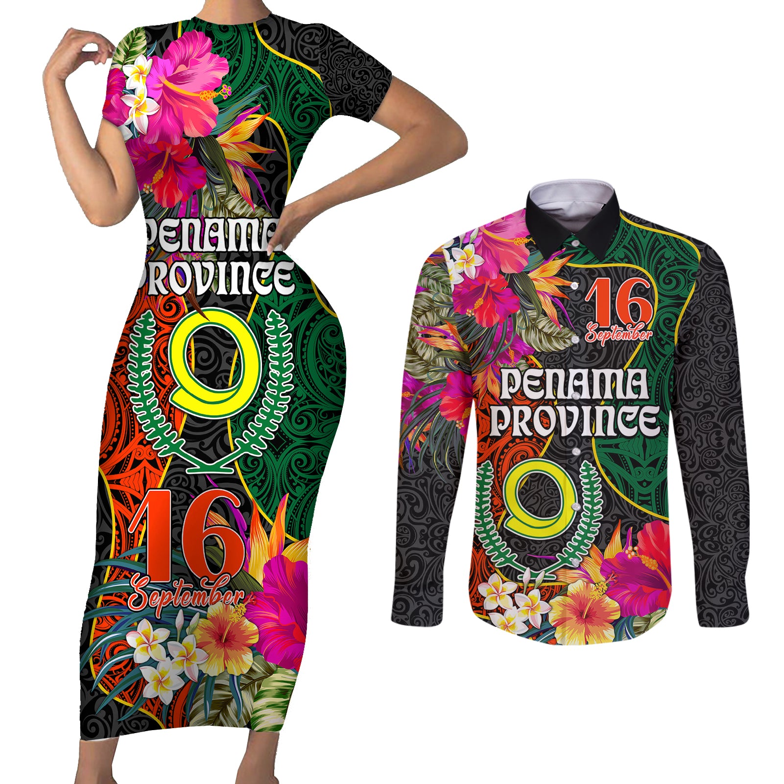 Penama Day Couples Matching Short Sleeve Bodycon Dress and Long Sleeve Button Shirts 16th September Polynesian Pattern with Pacific Flower LT03 Black - Polynesian Pride