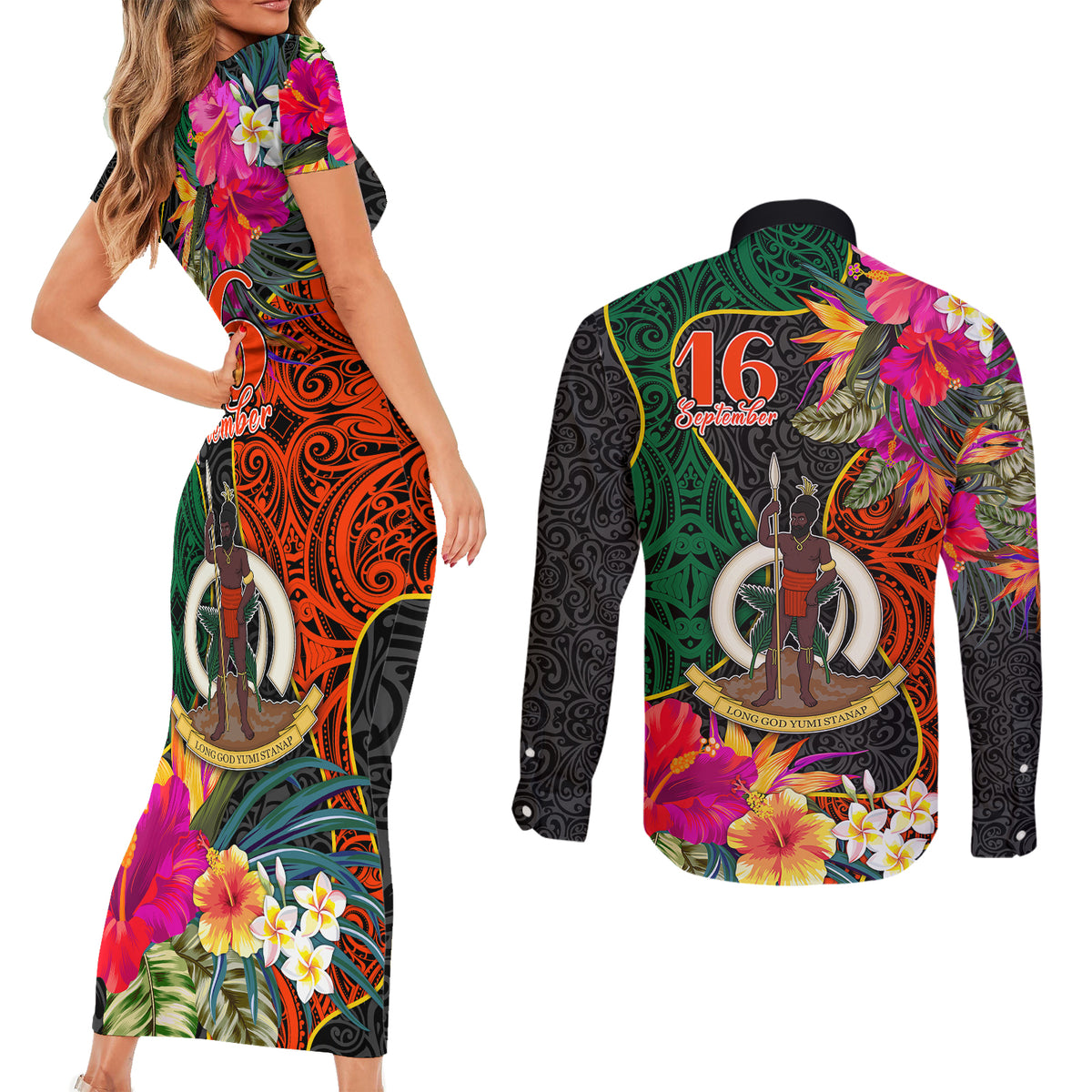 Penama Day Couples Matching Short Sleeve Bodycon Dress and Long Sleeve Button Shirts 16th September Polynesian Pattern with Pacific Flower LT03 - Polynesian Pride