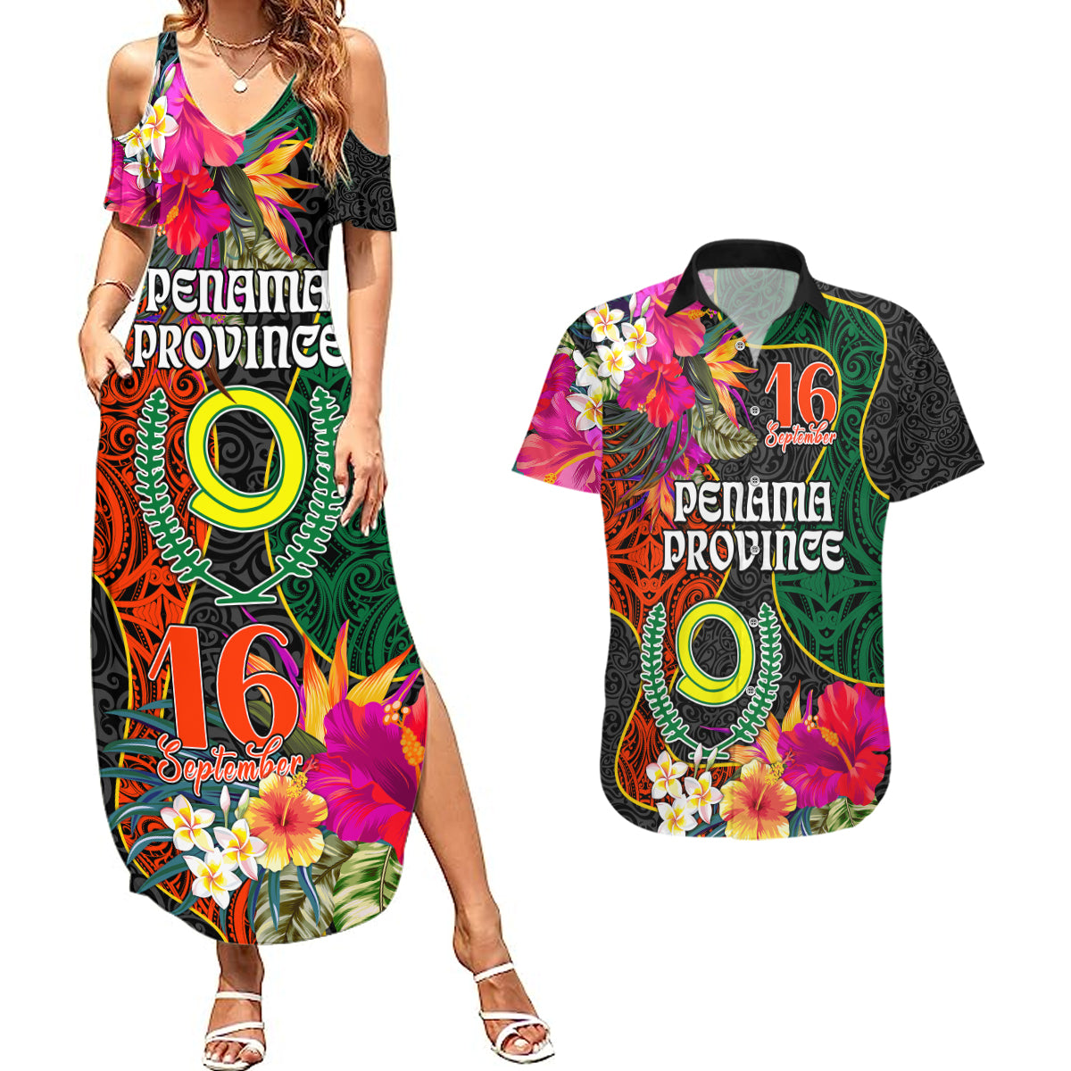 Penama Day Couples Matching Summer Maxi Dress and Hawaiian Shirt 16th September Polynesian Pattern with Pacific Flower LT03 Black - Polynesian Pride