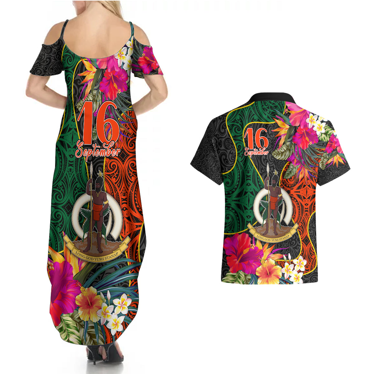 Penama Day Couples Matching Summer Maxi Dress and Hawaiian Shirt 16th September Polynesian Pattern with Pacific Flower LT03 - Polynesian Pride