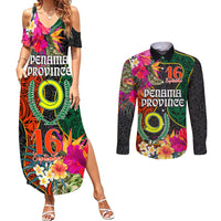 Penama Day Couples Matching Summer Maxi Dress and Long Sleeve Button Shirts 16th September Polynesian Pattern with Pacific Flower LT03 Black - Polynesian Pride