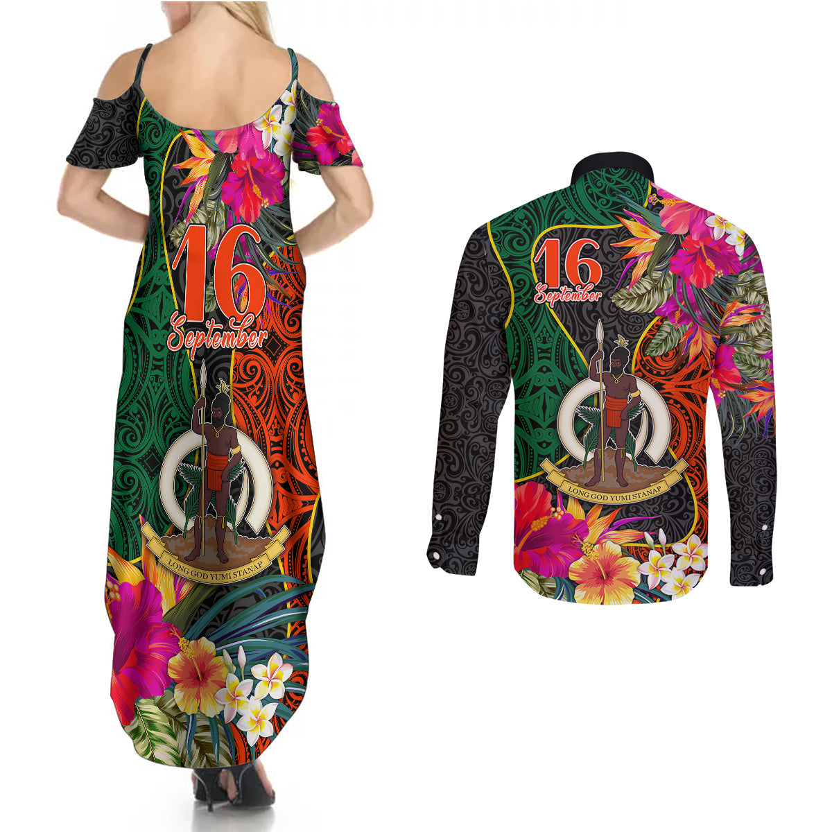 Penama Day Couples Matching Summer Maxi Dress and Long Sleeve Button Shirts 16th September Polynesian Pattern with Pacific Flower LT03 - Polynesian Pride