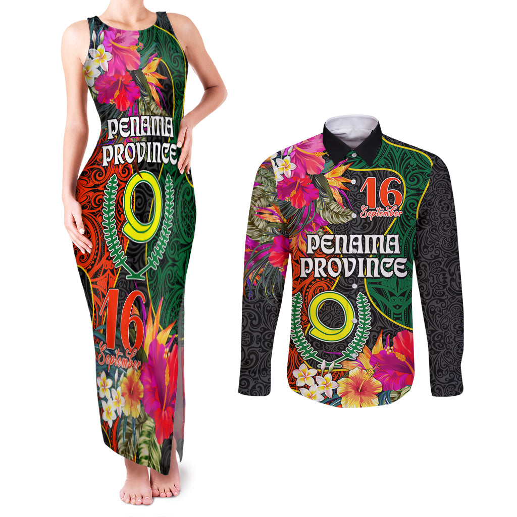 Penama Day Couples Matching Tank Maxi Dress and Long Sleeve Button Shirts 16th September Polynesian Pattern with Pacific Flower LT03 Black - Polynesian Pride