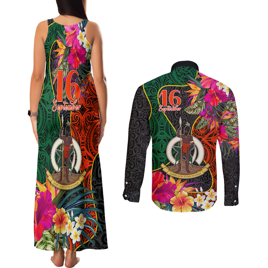 Penama Day Couples Matching Tank Maxi Dress and Long Sleeve Button Shirts 16th September Polynesian Pattern with Pacific Flower LT03 - Polynesian Pride