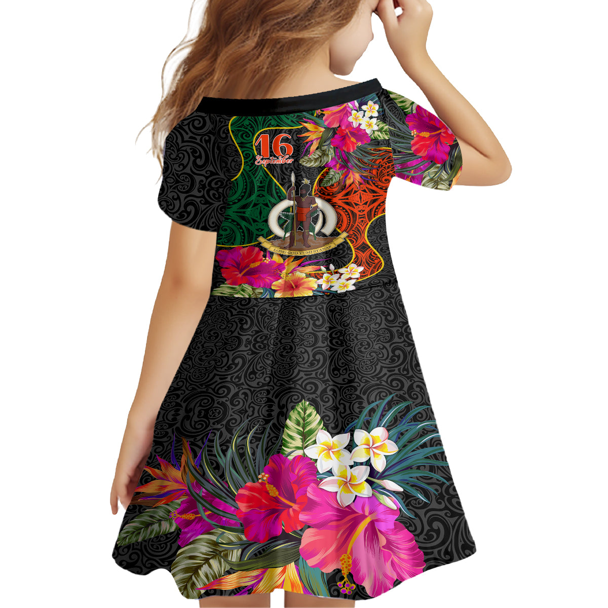 Penama Day Kid Short Sleeve Dress 16th September Polynesian Pattern with Pacific Flower LT03 - Polynesian Pride