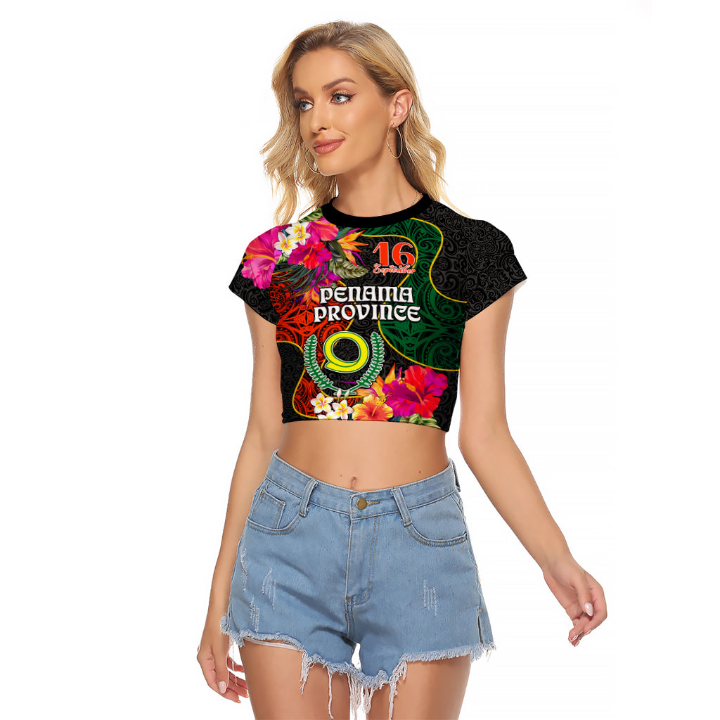 Penama Day Raglan Cropped T Shirt 16th September Polynesian Pattern with Pacific Flower LT03 Female Black - Polynesian Pride