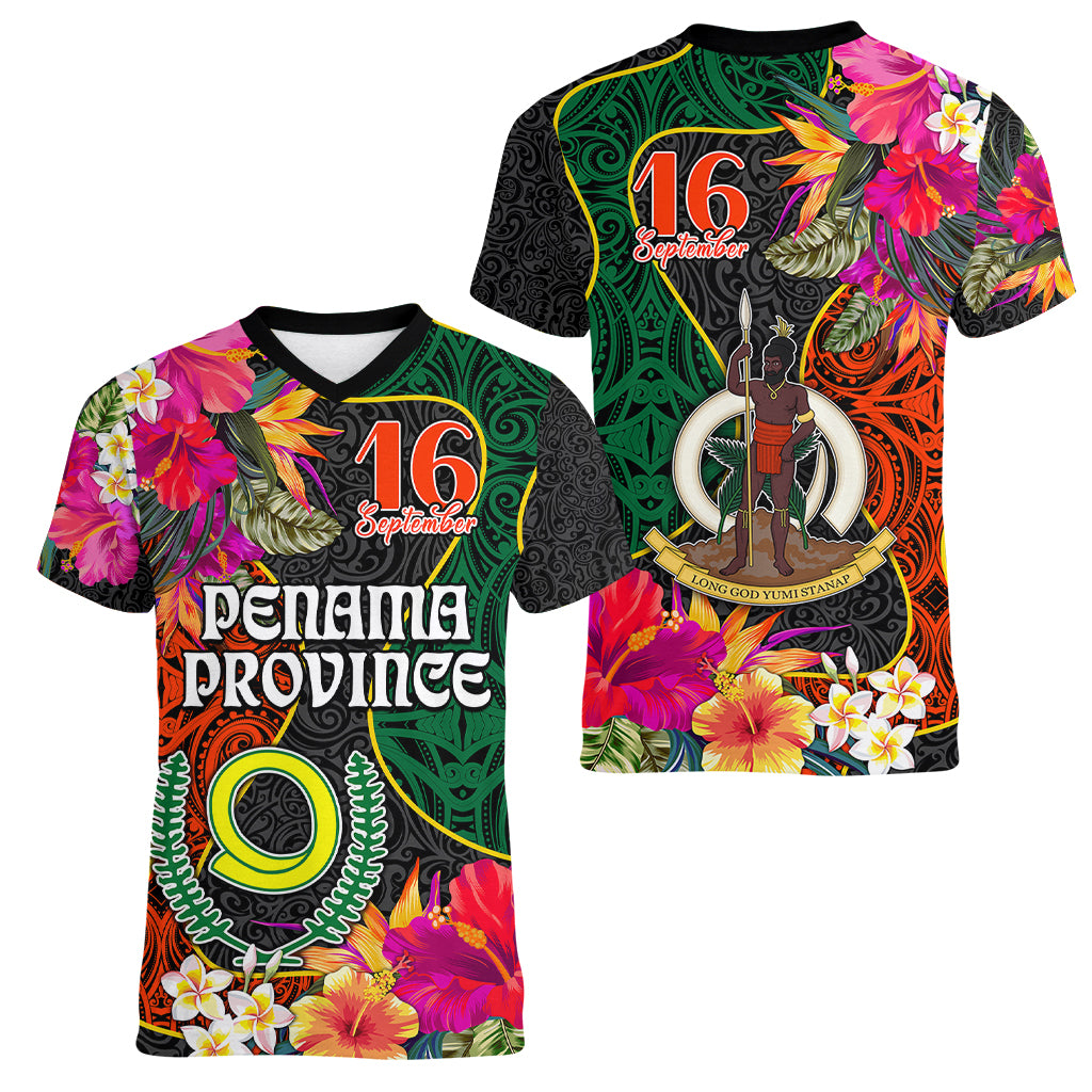 Penama Day Women V Neck T Shirt 16th September Polynesian Pattern with Pacific Flower LT03 - Polynesian Pride