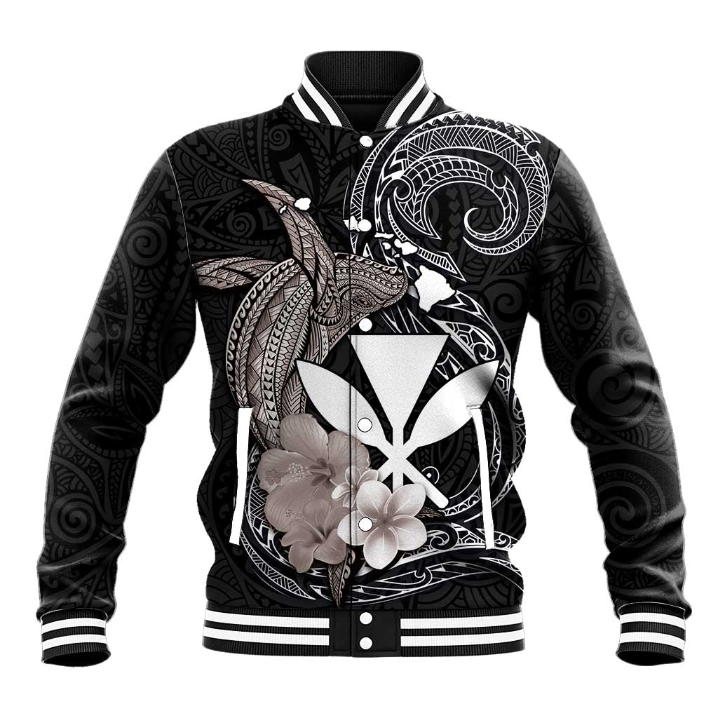 Hawaiian Whale and Kanaka Maoli Symbol Baseball Jacket Hibiscus with Hawaii Map and Polynesian Tattoo Grayscale Color LT03 Unisex Black - Polynesian Pride