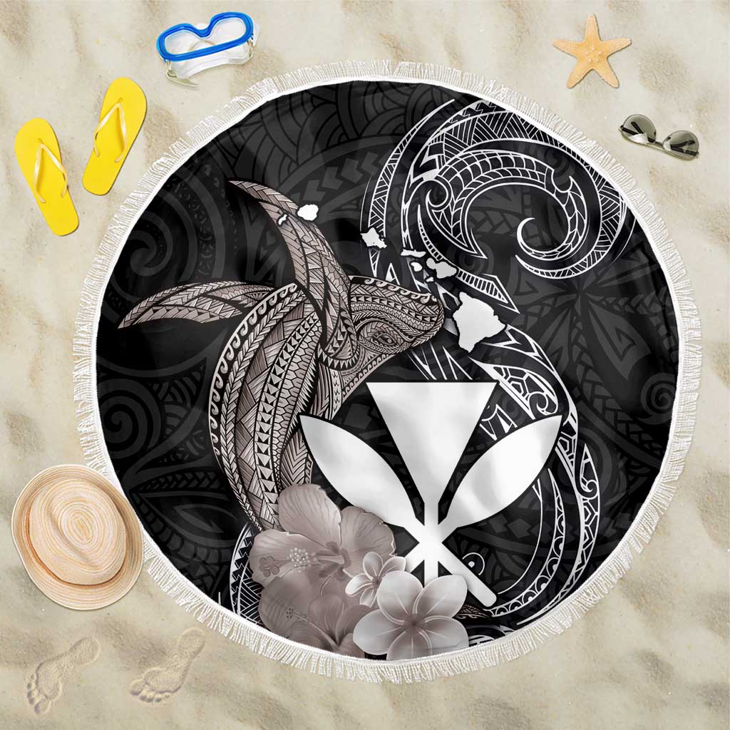 Hawaiian Whale and Kanaka Maoli Symbol Beach Blanket Hibiscus with Hawaii Map and Polynesian Tattoo Grayscale Color LT03 One Size 150cm Black - Polynesian Pride
