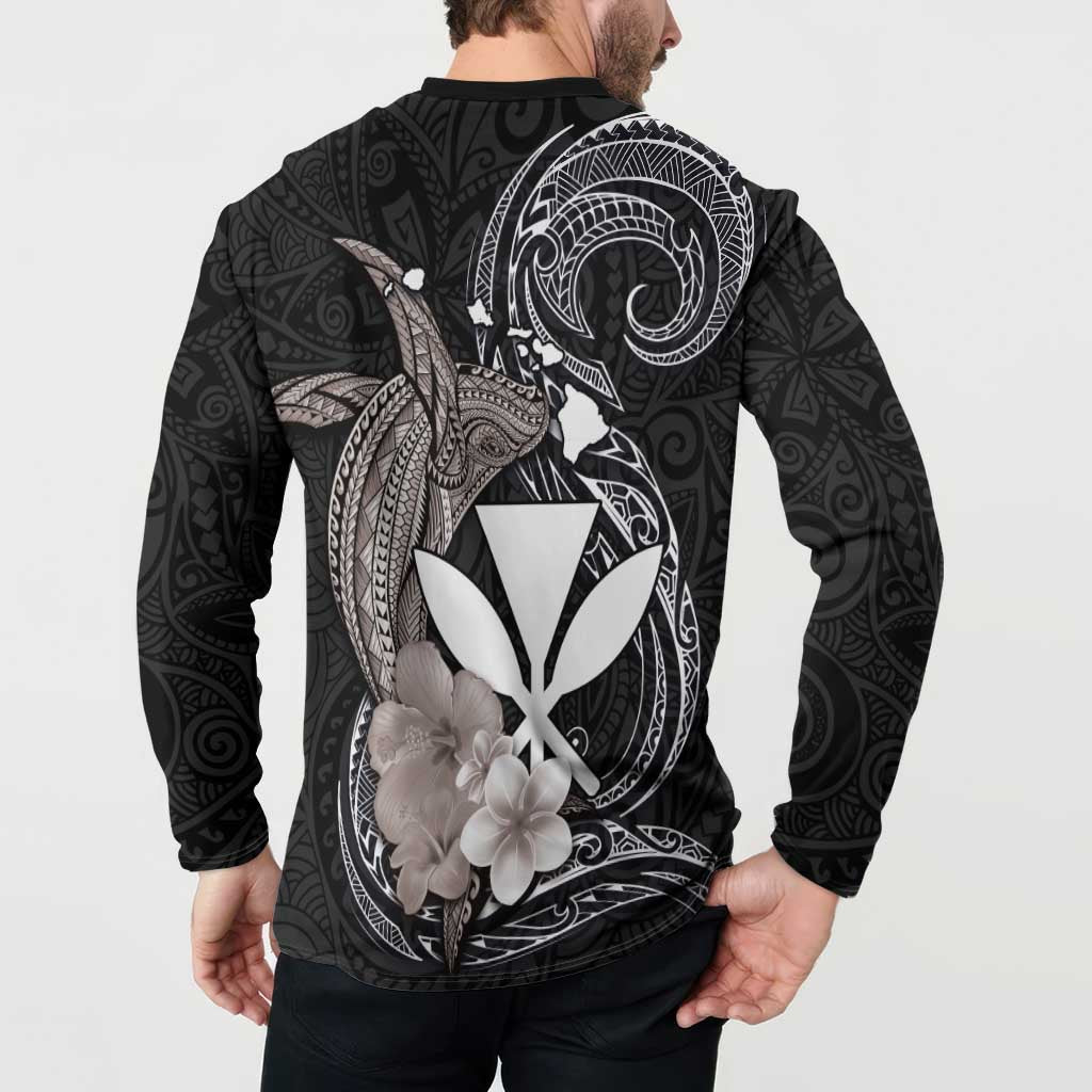 Hawaiian Whale and Kanaka Maoli Symbol Button Sweatshirt Hibiscus with Hawaii Map and Polynesian Tattoo Grayscale Color