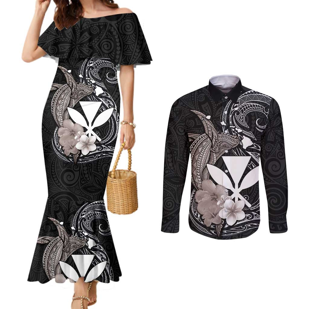 Hawaiian Whale and Kanaka Maoli Symbol Couples Matching Mermaid Dress and Long Sleeve Button Shirt Hibiscus with Hawaii Map and Polynesian Tattoo Grayscale Color