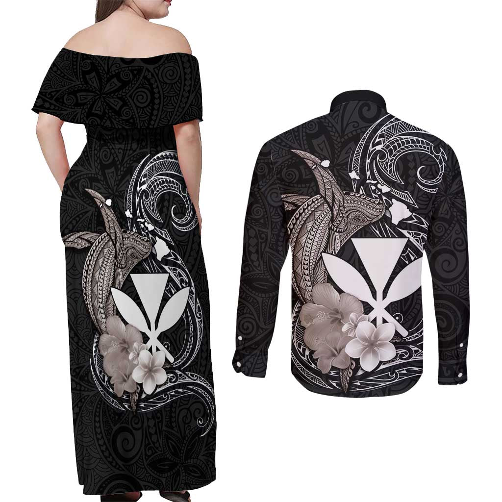 Hawaiian Whale and Kanaka Maoli Symbol Couples Matching Off Shoulder Maxi Dress and Long Sleeve Button Shirt Hibiscus with Hawaii Map and Polynesian Tattoo Grayscale Color