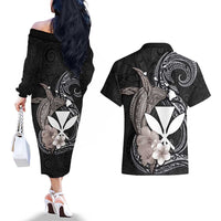 Hawaiian Whale and Kanaka Maoli Symbol Couples Matching Off The Shoulder Long Sleeve Dress and Hawaiian Shirt Hibiscus with Hawaii Map and Polynesian Tattoo Grayscale Color