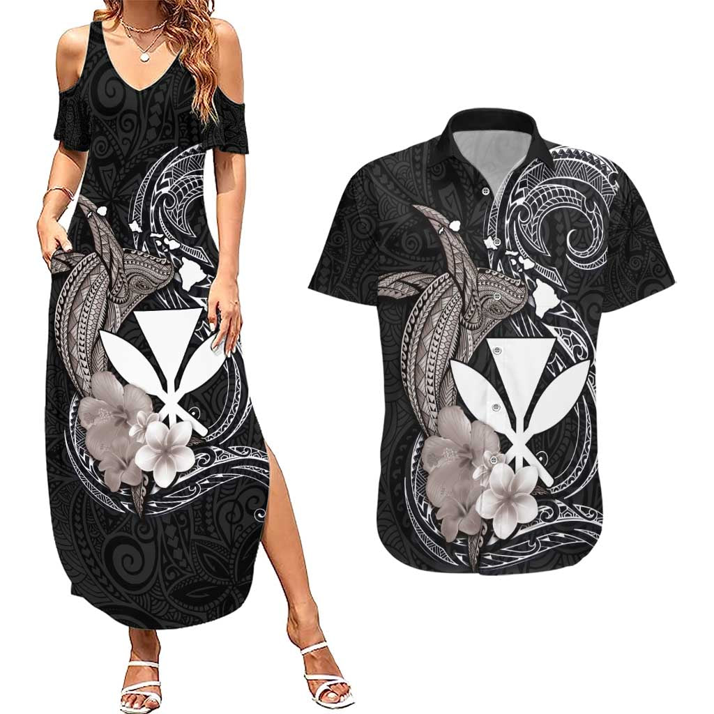 Hawaiian Whale and Kanaka Maoli Symbol Couples Matching Summer Maxi Dress and Hawaiian Shirt Hibiscus with Hawaii Map and Polynesian Tattoo Grayscale Color LT03 Black - Polynesian Pride