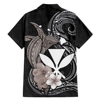 Hawaiian Whale and Kanaka Maoli Symbol Family Matching Off The Shoulder Long Sleeve Dress and Hawaiian Shirt Hibiscus with Hawaii Map and Polynesian Tattoo Grayscale Color