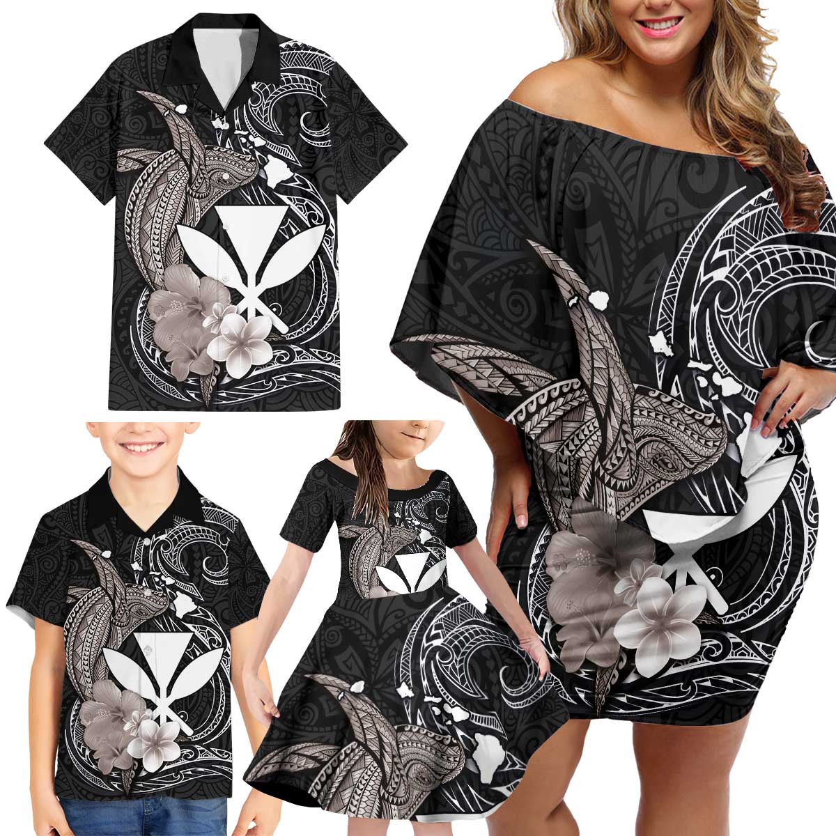 Hawaiian Whale and Kanaka Maoli Symbol Family Matching Off Shoulder Short Dress and Hawaiian Shirt Hibiscus with Hawaii Map and Polynesian Tattoo Grayscale Color LT03 - Polynesian Pride