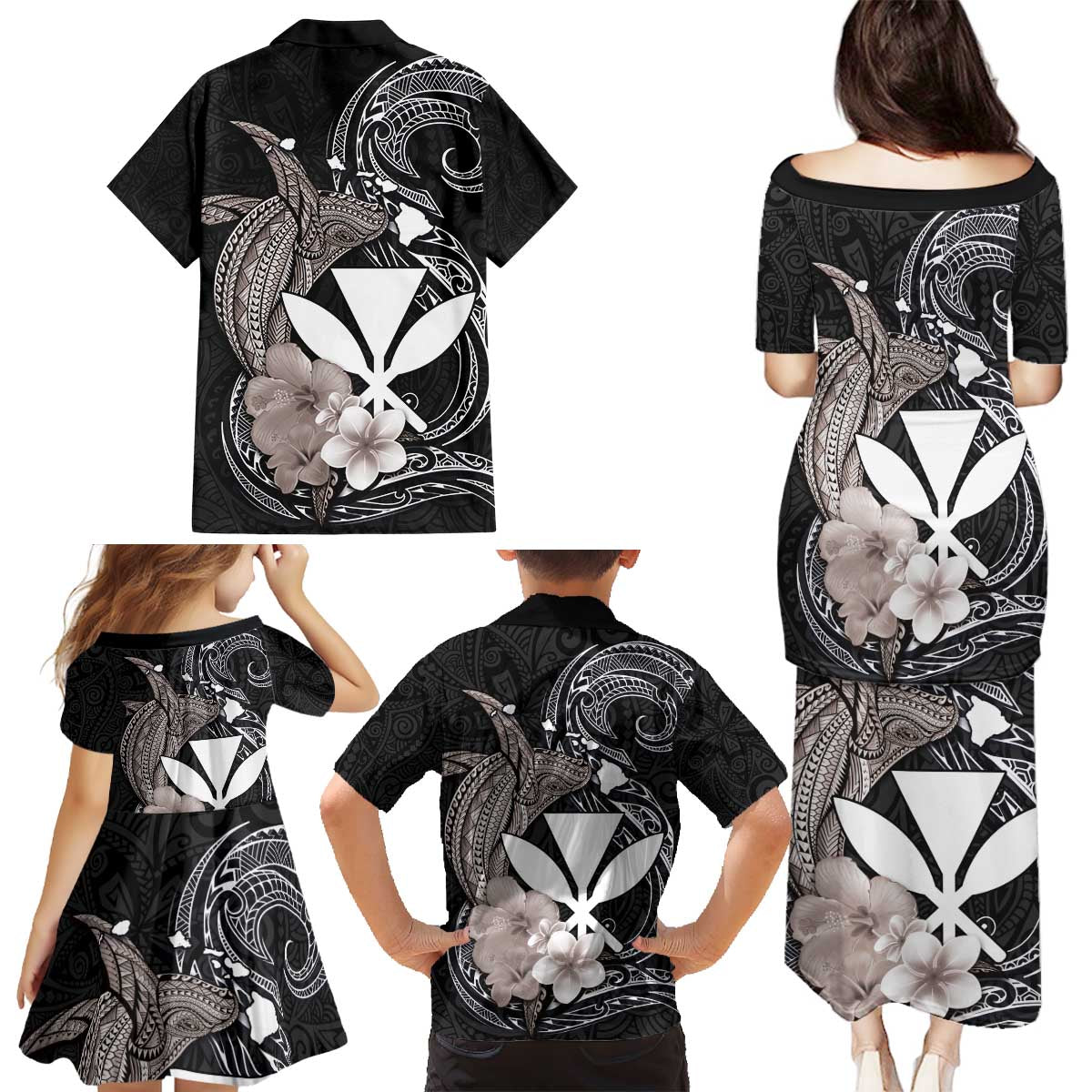 Hawaiian Whale and Kanaka Maoli Symbol Family Matching Puletasi and Hawaiian Shirt Hibiscus with Hawaii Map and Polynesian Tattoo Grayscale Color
